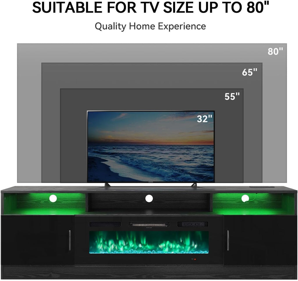 MXV 70' Fireplace TV Stand with Power Outlet for TVs UP to 80', Electric Fireplace Entertainment Center with LED Lights & Storage Cabinets, TV Console for Living Room, Office, Black-Black
