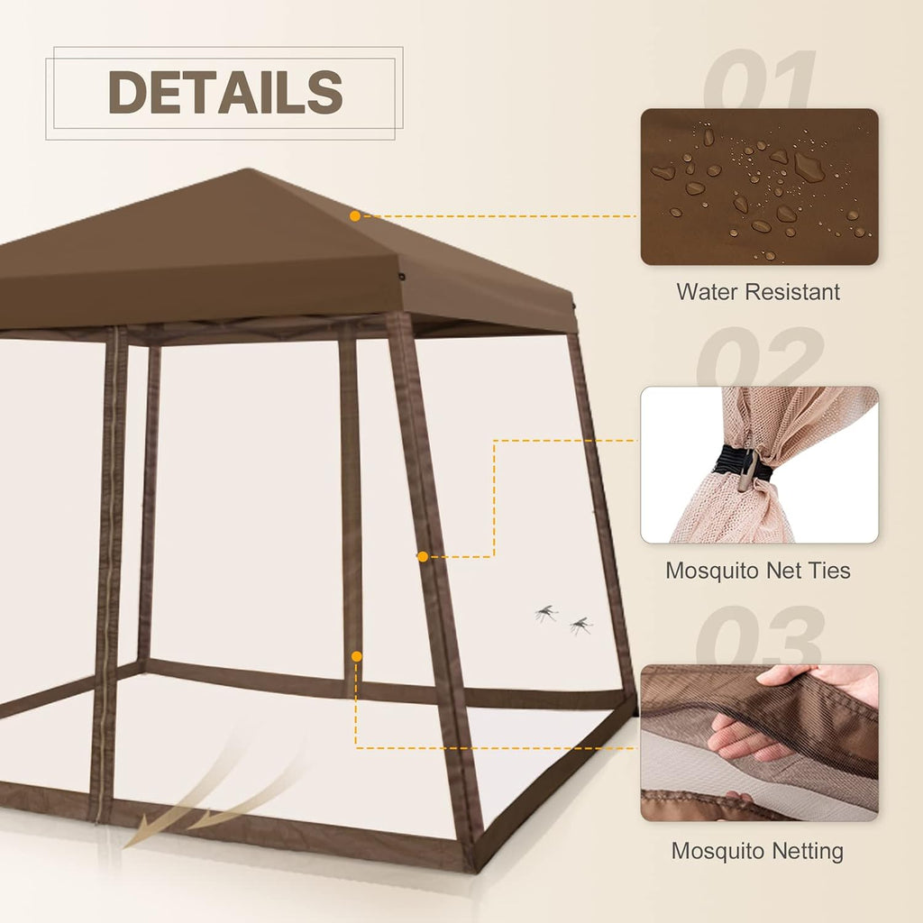 COOS BAY 10x10 Pop Up Canopy Tent with Screen Netting, Slant Leg Canopy with UPF 50+ UV Protection, 64 Sq Ft Shade, One Person Setup with Carry Bag, Brown