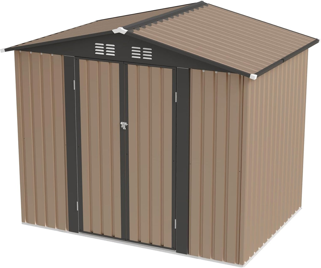 8x6 FT Outdoor Storage Shed, Galvanized Tool Shed, Metal Garden Shed with Apex Roof & Lockable Door & 2 Gloves, Waterproof Rust-Resistant for Backyard Garden Lawn Patio, Brown