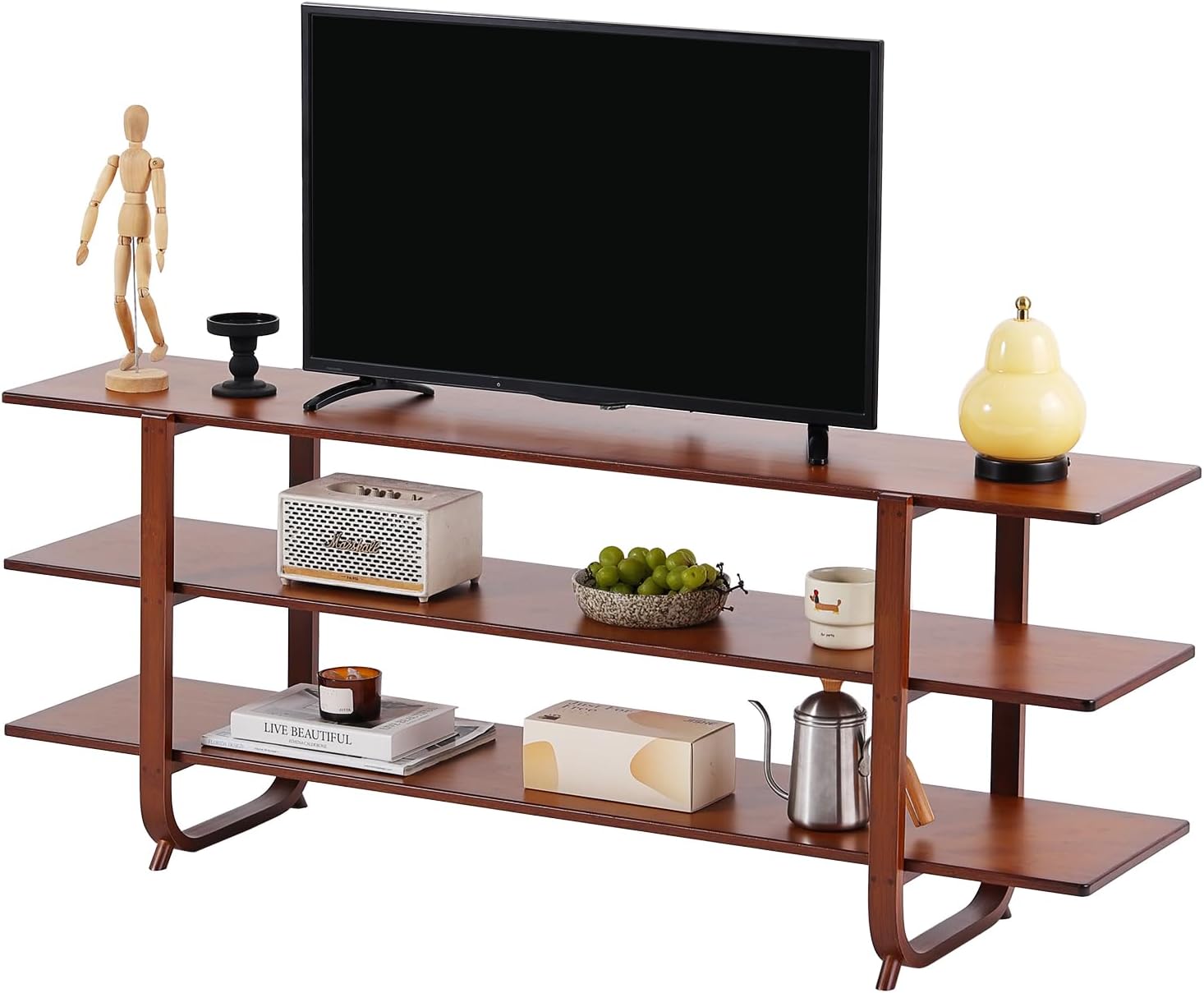 Welnow Bamboo TV Stand for Up to 65 Inch, Mid Century Modern Entertainment Center with 3-Tier Open Shelves, Storage Media Console Table for Living Room, Bedroom, Walnut