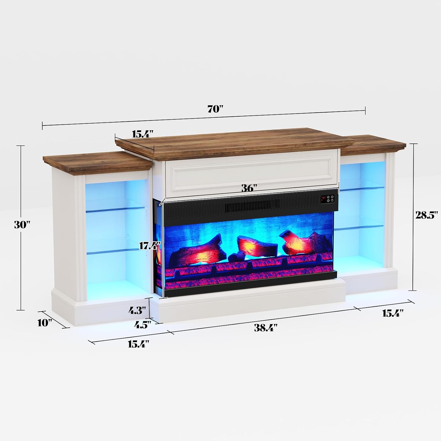 AMERLIFE 70' Fireplace TV Stand with Mantel, Farmhouse Wood Entertainment Center with 3-Sided Glass Fireplace for TVs up to 75', Adjustable Shelves & LED Lights, Distressed White