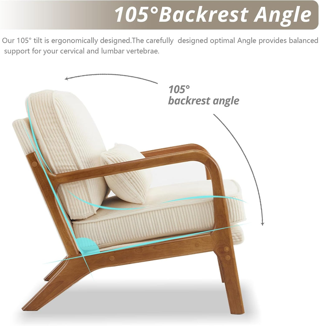 Karl home Mid-Century Modern Accent Chair, Living Room Chairs with Pillow Corduroy Upholstered Lounge Armchair with Solid Wood Frame & Soft Cushion for Bedroom, Reading Room, Beige