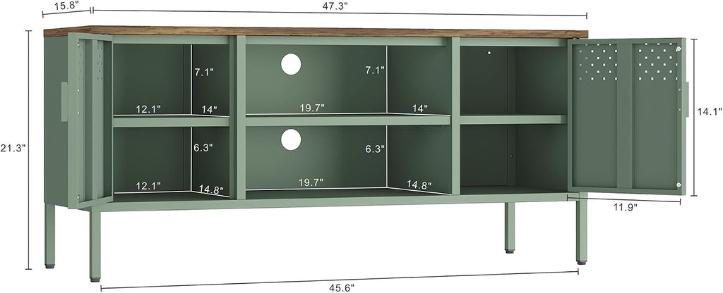 Manhattan Comfort Landen 47' Modern Metal TV Stand with Storage Cabinets & Open Shelves, Holds Up to 40' Screen, TV Console with Natural Wood Top, Cable Management, Adjustable Legs, Green