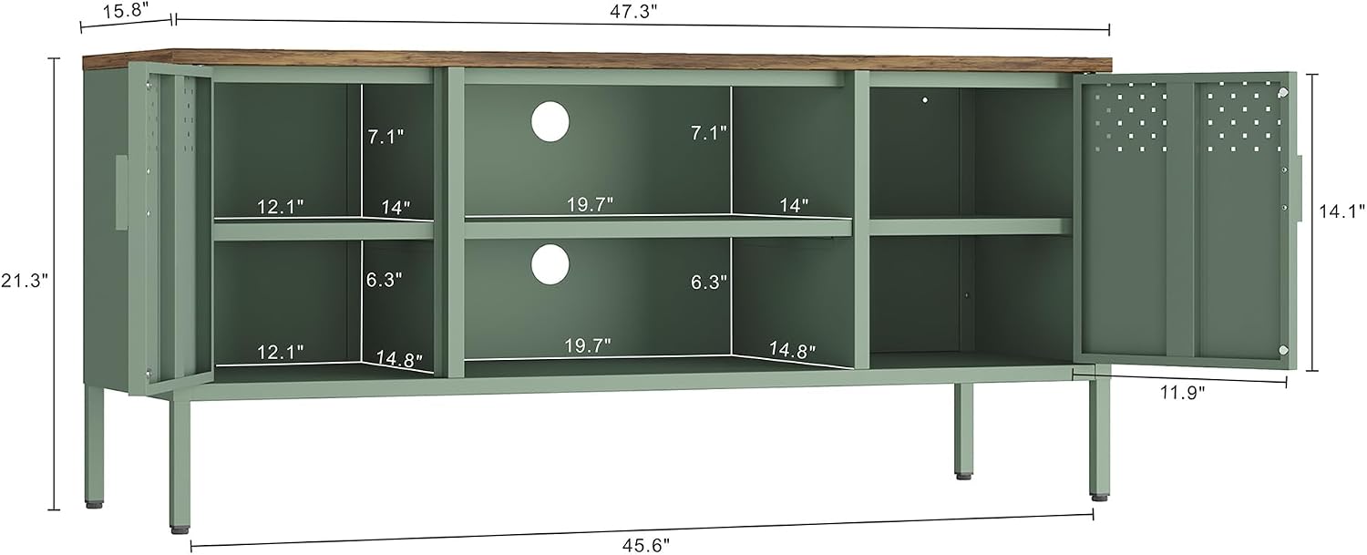 Manhattan Comfort Landen 47' Modern Metal TV Stand with Storage Cabinets & Open Shelves, Holds Up to 40' Screen, TV Console with Natural Wood Top, Cable Management, Adjustable Legs, Green
