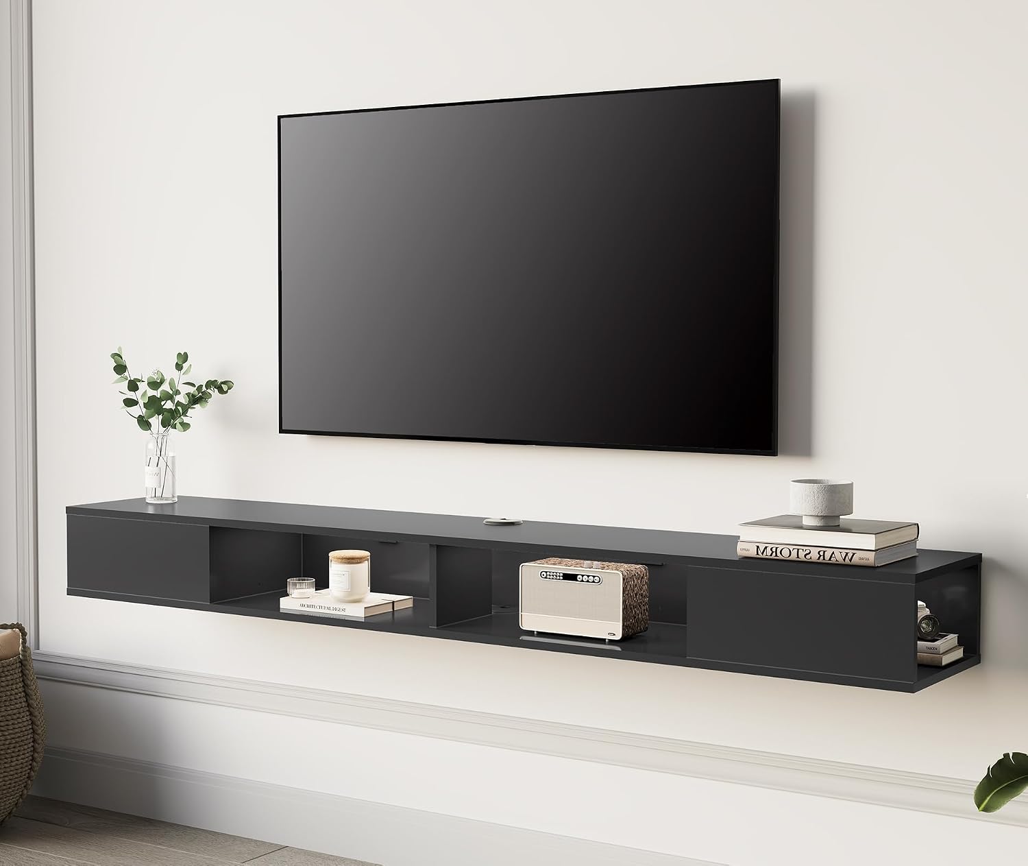 WAMPAT 70 inch Floating TV Shelf for TVs Up to 75 inch, Floating TV Stand with Storage Under TV for Living Room, Entertainment Center for Wall, Black