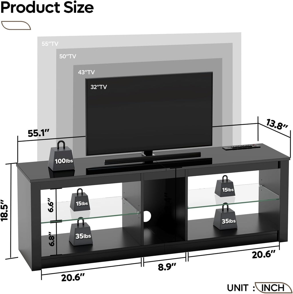 Bestier LED TV Stand for 55/60/65 Inch TV, Black High Gloss Entertainment Center with Power Outlet & Adjustable Shelves, Modern Gaming TV Console with Storage for Living Room Bedroom
