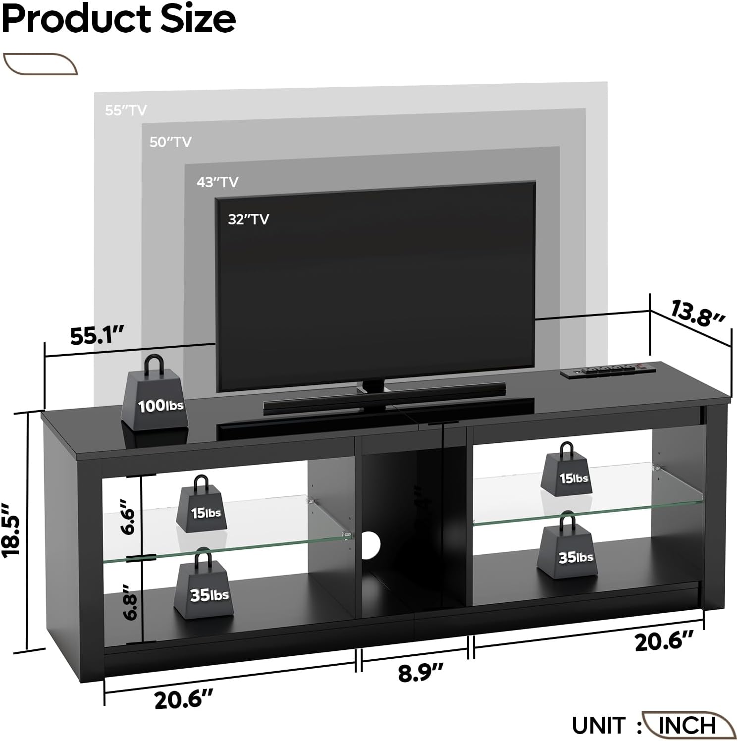 Bestier LED TV Stand for 55/60/65 Inch TV, Black High Gloss Entertainment Center with Power Outlet & Adjustable Shelves, Modern Gaming TV Console with Storage for Living Room Bedroom