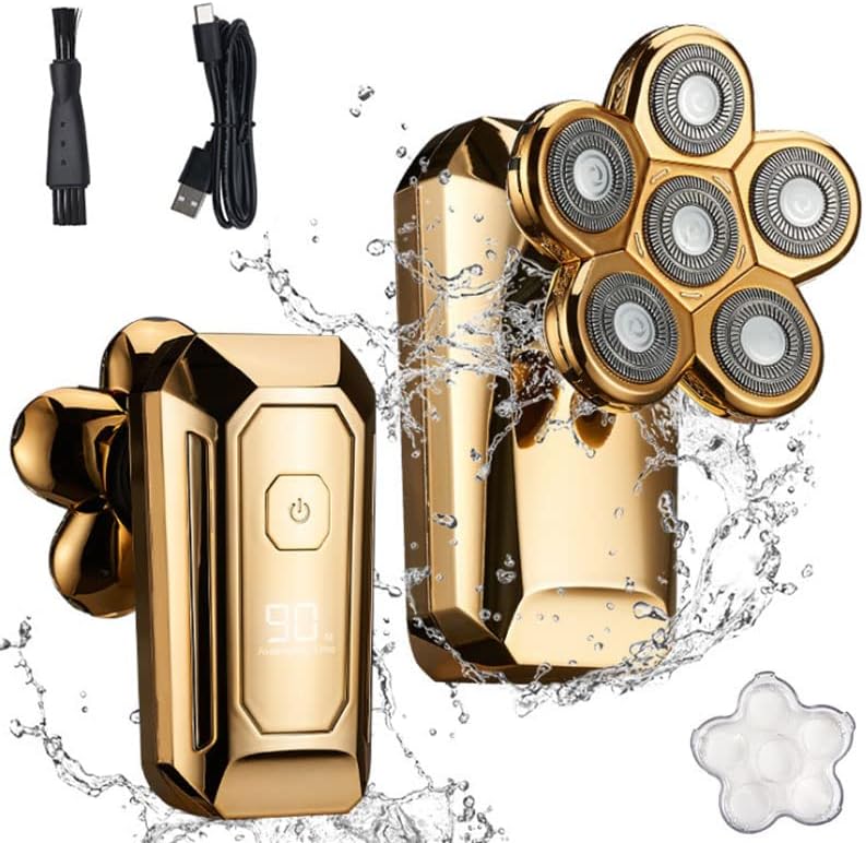 Head Shavers for Bald Men, Bald shaving machine electric shaver for men beard hair trimmer body grooming kit six blade electric razor LCD display (Color : Gold)