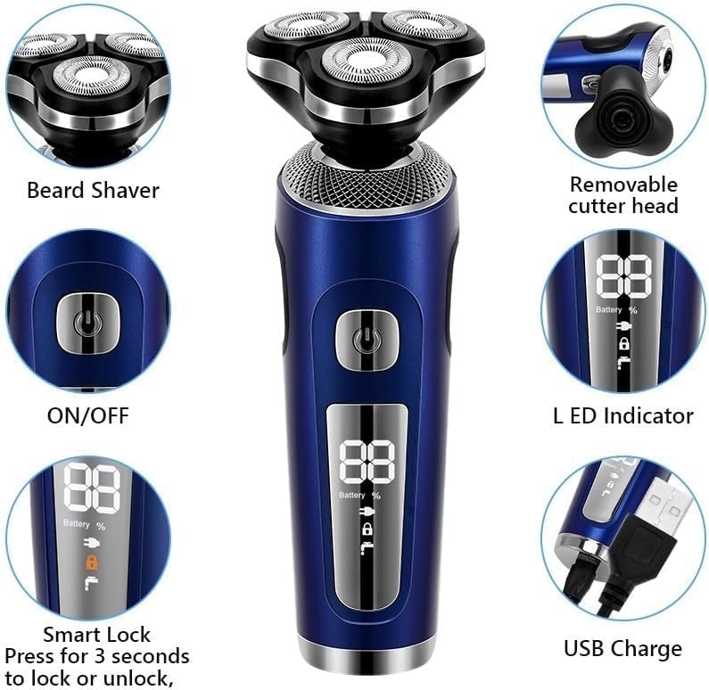 Head Shavers for Men, 4 in 1 Electric Shaver 3D Floating Cutters USB Fast Charge Shaving Razor Machine for Men Blades Portable Beard Trimmer Clipper (Color : Blue)