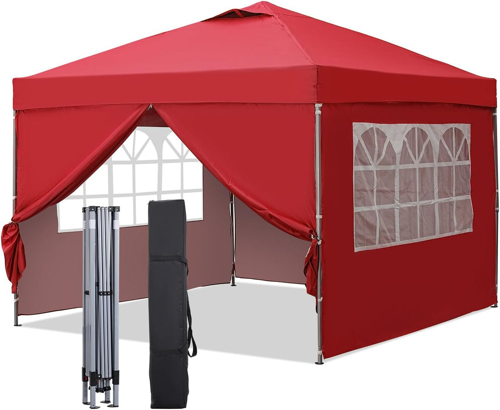 GDY 10x10ft Pop Up Canopy Tent with Sidewalls, Outdoor Canopy Tent, Beach Tent, Easy Set up Gazebo for Events, Parties, Camping, Red.