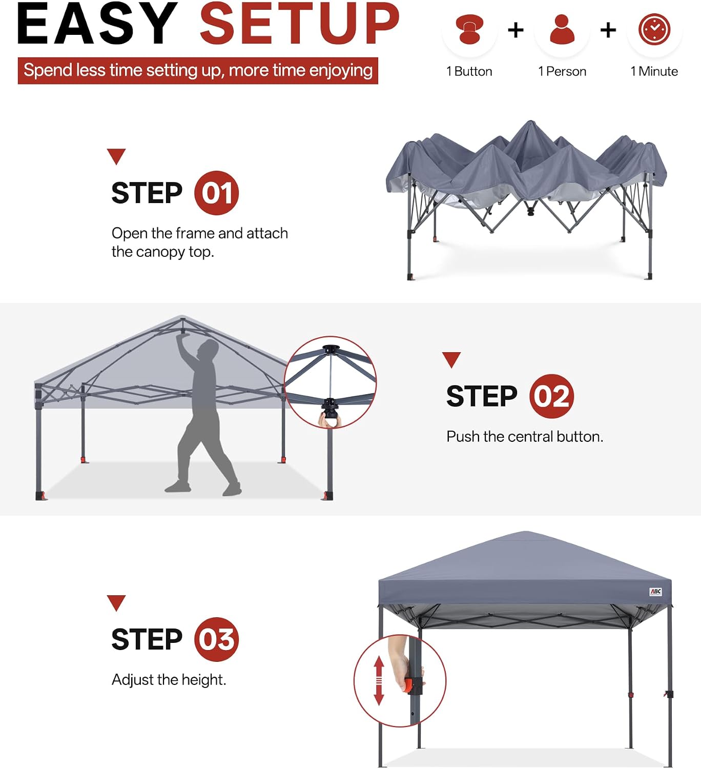 ABCCANOPY 10x10 Pop Up Canopy Tent, Easy Setup Instant Shelter with Wheeled Bag, Heavy Duty Outdoor Canopy for Beach, Market, Backyard, UV Protection, Outdoor Weather Protection (Light Gray, 10x10)