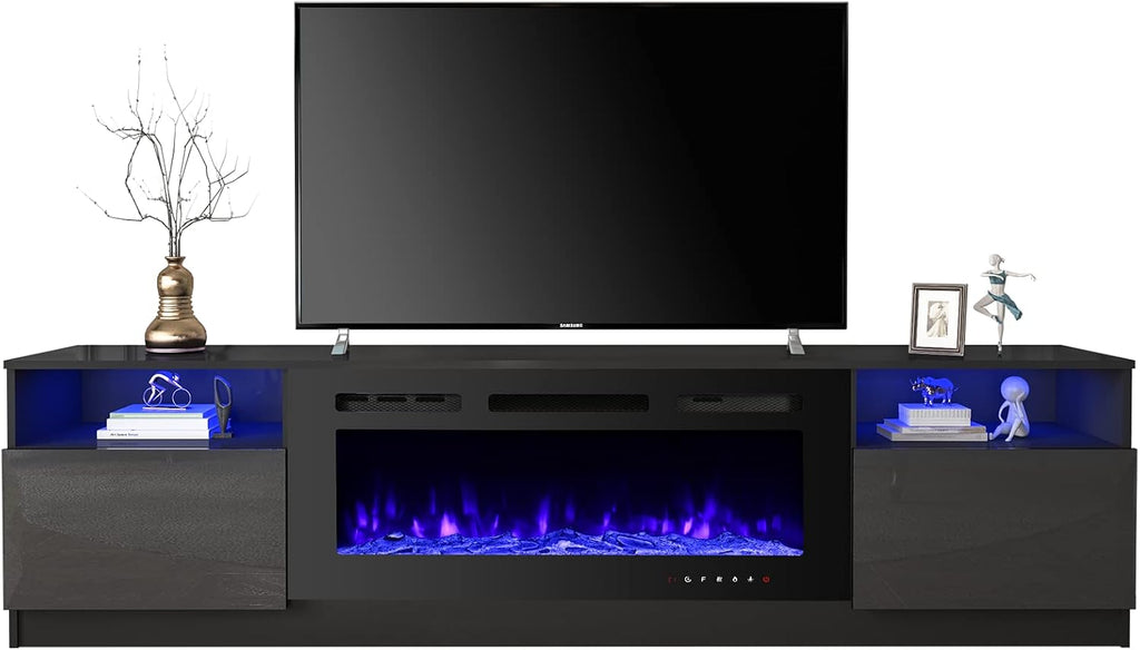 EROMMY 80'' Fireplace TV Stand with 40'' Electric Fireplace, Entertainment Center with 16 Color Led Lights and 12 Flame Fireplace Insert Heater, TV Console for TVs up to 90'' for Living Room, Black