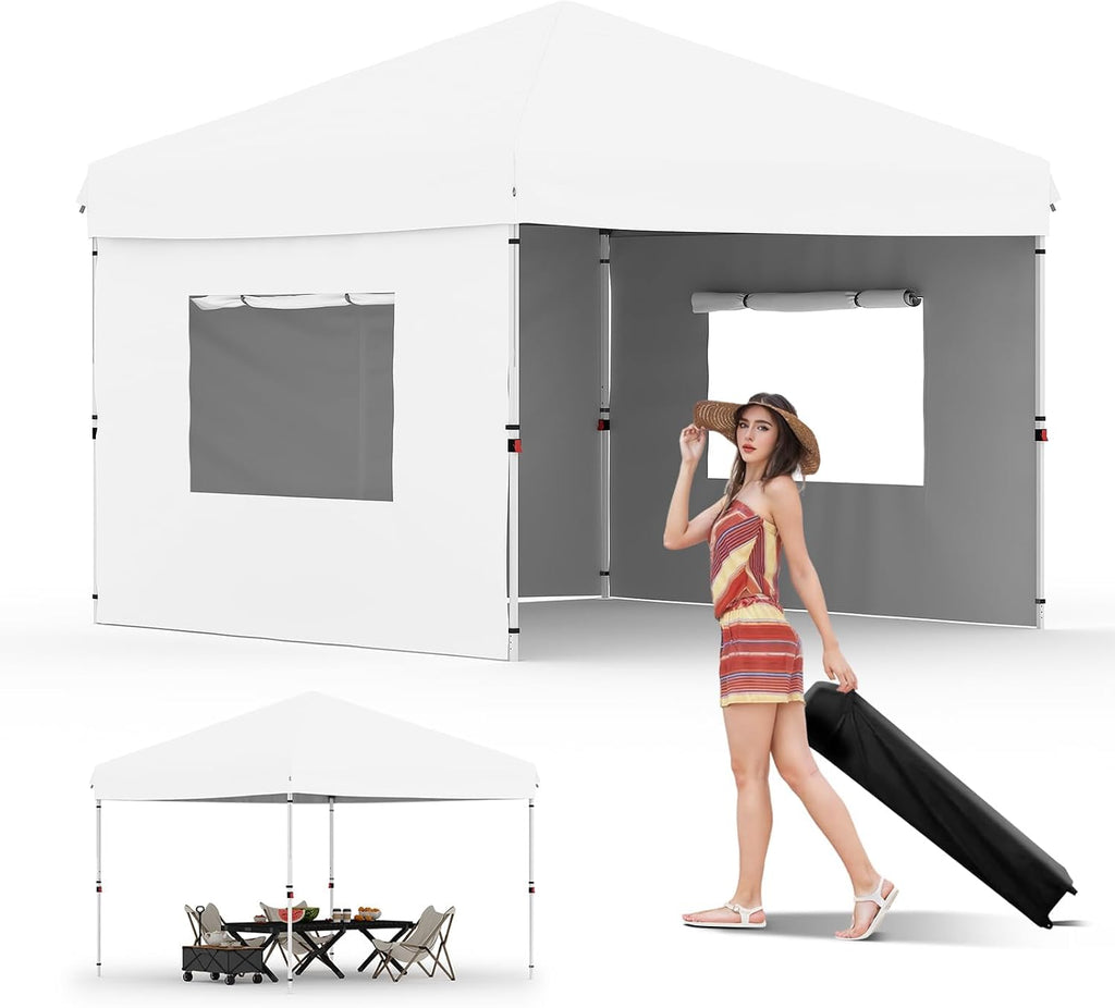 10'x10' White Pop Up Canopy Tent with 3 Sidewalls, Waterproof and UV Resistant Outdoor Gazebo, Easy Up Sun Shade Shelter for Parties, Events, Backyard, Camping