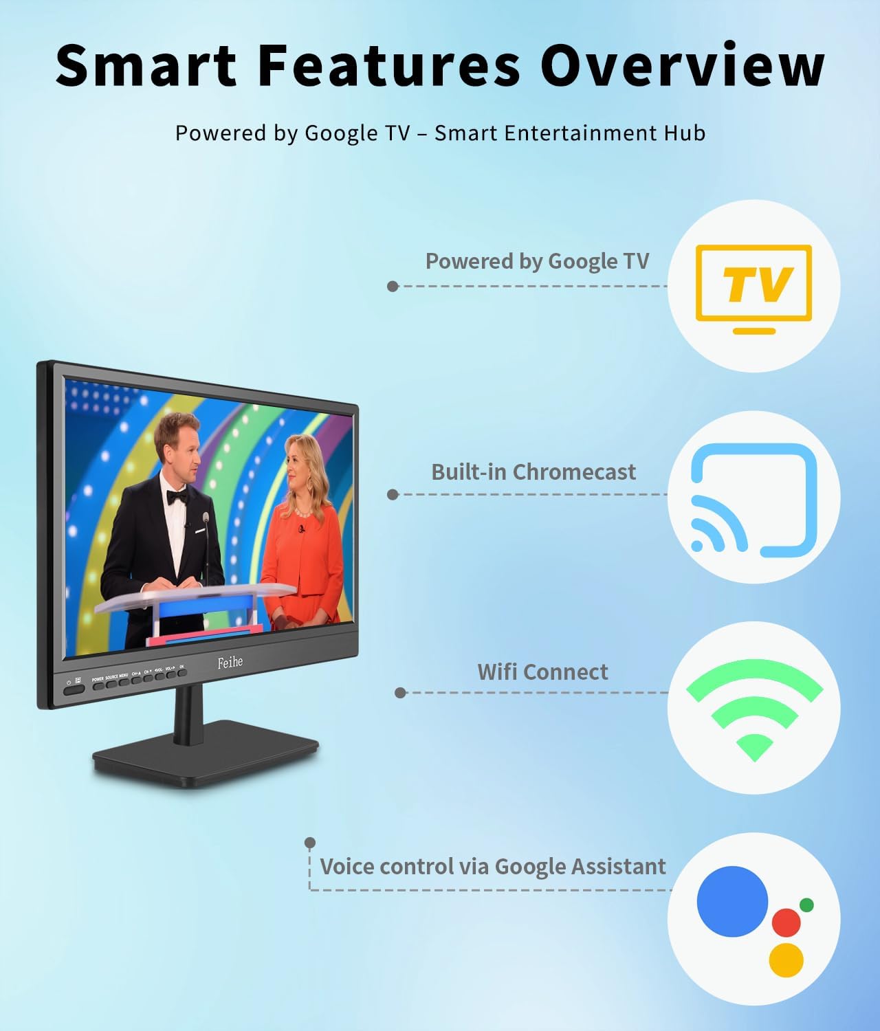 Feihe 17 inch Small Smart TV Built-in Android Operating System, HD Flat Screen Compact Smart Television for Kitchen, Home, RV Camper or On-The-Go Entertainment