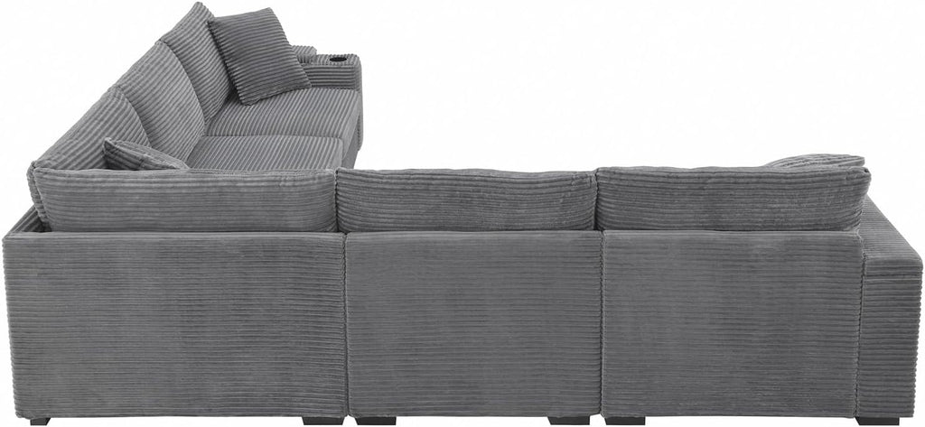 106'' Modular Sectional Sofa Couch, 5-Seater Oversized L-Shaped Corner Couch Set with USB Charger, Armrest Storage and Cup Holders, Corduroy Sectional Couches for Living Room (Gray)