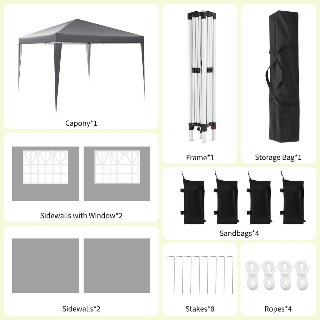 Garvee 10X10 Ft Instant Pop-Up Canopy Tent with 4 Sidewalls, Waterproof Portable Gazebo Shelter for Outdoor Camping, Beach, Backyard Parties & Events, Grey