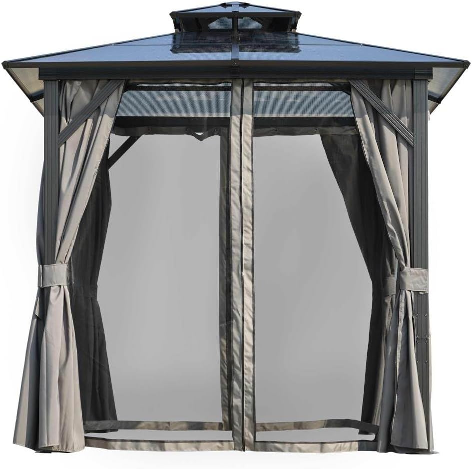 Outdoor Grill Gazebo 8x8FT, Hardtop BBQ Shelter with UV-Resistant Polycarbonate Roof & Storage Hooks for Patio, Lawn, and Garden