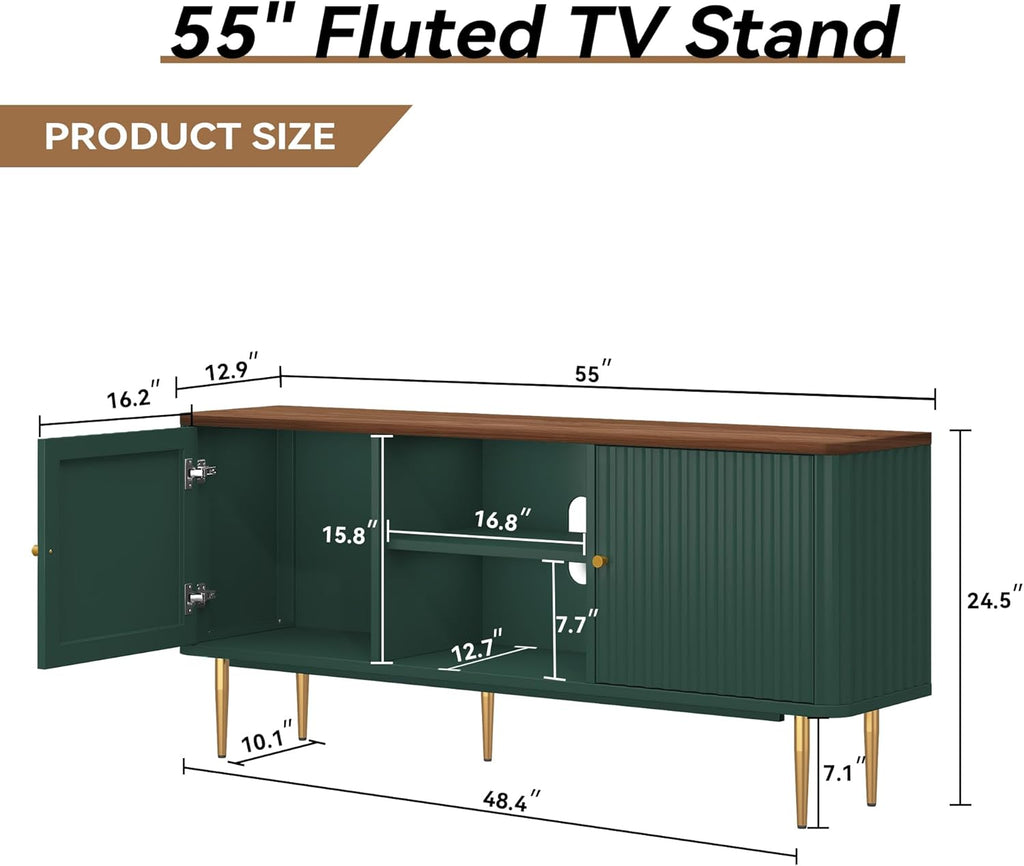 ARTPOWER 55' Fluted TV Stand, Mid Century Modern Green TV Stand for 55/60/65 inch TV, Entertainment Center with Storage, Television Stands, TV Console, Media Console for Living Room, Bedroom (Green)