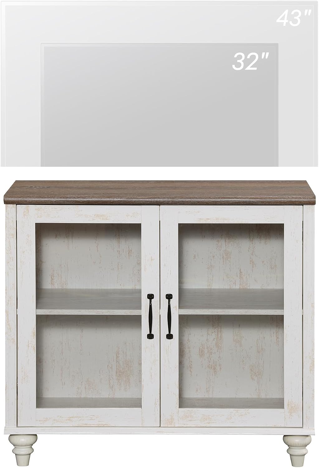 WAMPAT Farmhouse TV Stand for TVs Up to 43 inch, Glass Wood Universal TV Stand with a Large Storage Cabinets, Entertainment Center, TV Console Table for Living Room, Bedroom, Rustic White