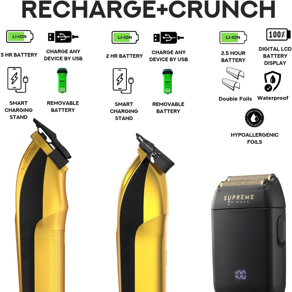 Supreme Trimmer 3-in-1 Recharge Hair Clipper, Beard Trimmer & Crunch Foil Shaver Combo | Removable Batteries, Smart USB Charging Base, Master Barber Set | STB775 + STF602