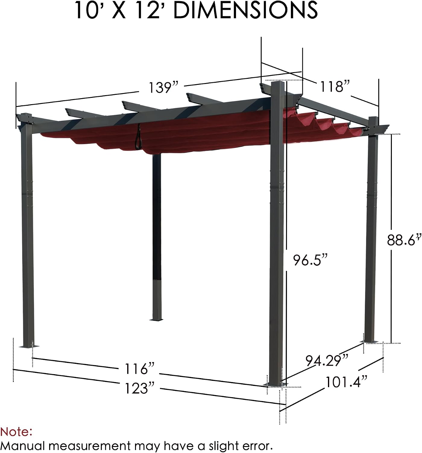 Kozyard Morgan Outdoor Retractable Pergola with Sun Shade Canopy Patio Aluminum Pergola Shelter for Backyard Deck Garden Modern Metal Grill Gazebo (10' x 12', Burgundy)