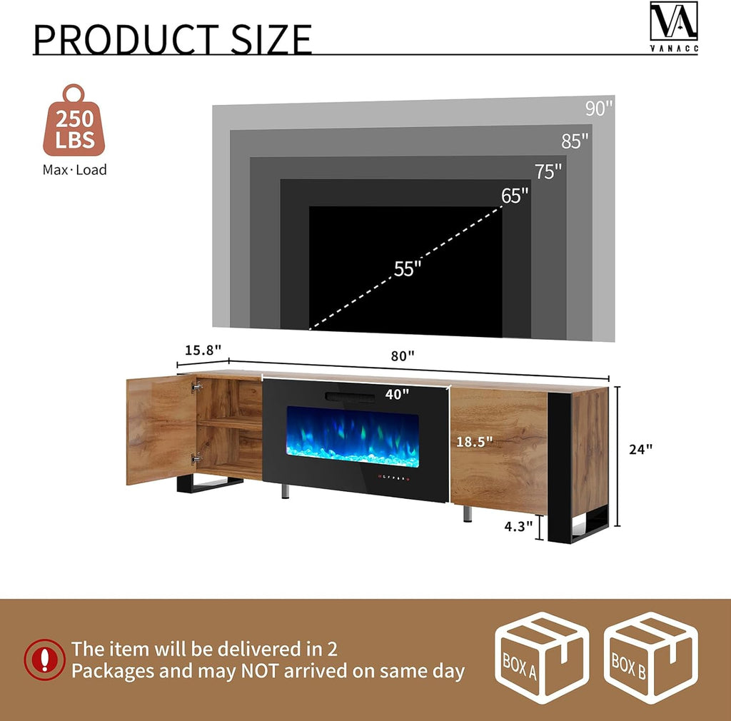 VanAcc 80' Fireplace TV Stand with 40' Electric Fireplace, High Gloss Entertainment Center with LED Lights, Modern Entertainment Stand for TVs up to 90', Rustic Oak&Black