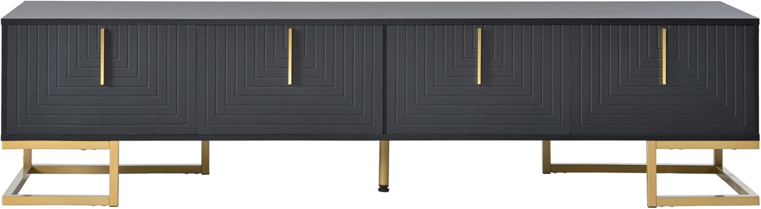 ON-TREND Modern TV Stand with Metal Legs and Gold Handles for TVs Up to 80'', Media Console Table with Cabinets and Adjustable Shelves, Luxury TV Cabinet with Geometric Lines for Living Room, Black