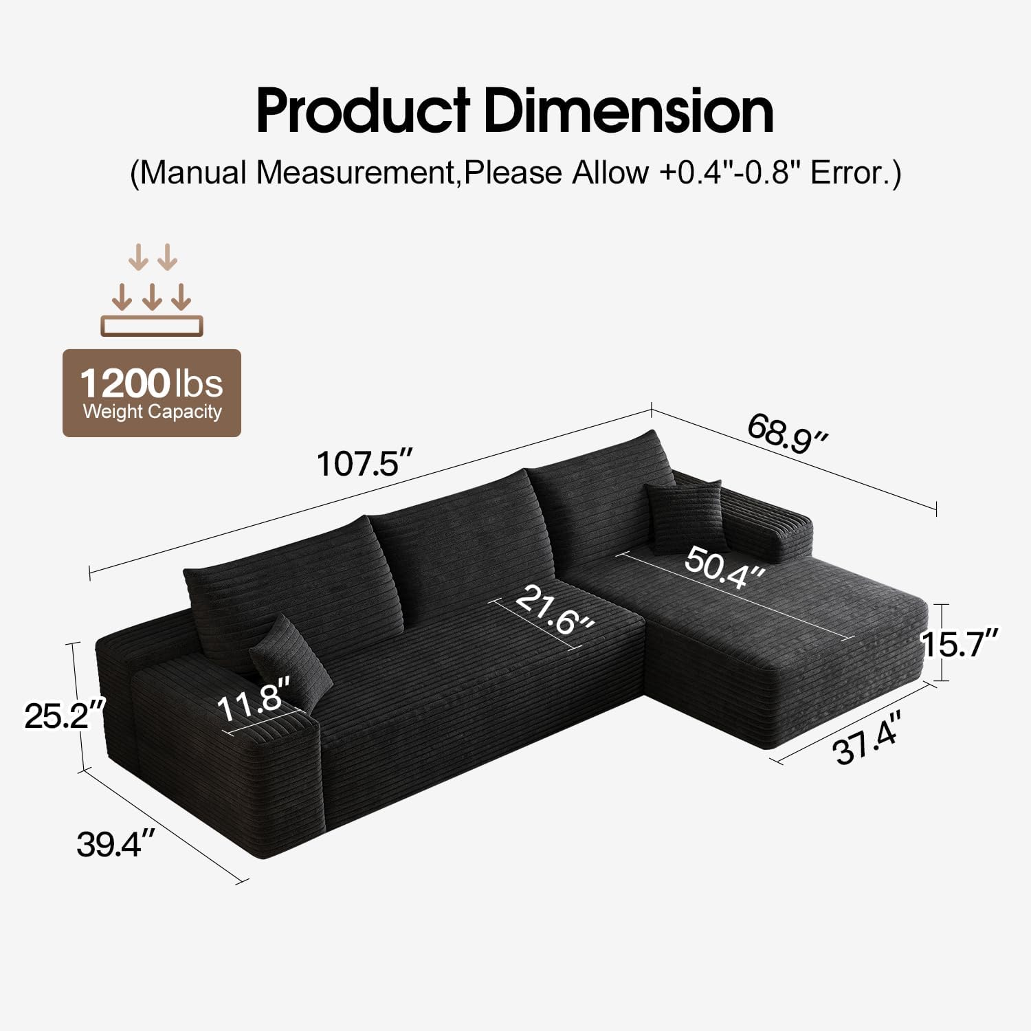 107.5' L-Shaped Sectional Modern Boneless Corduroy Couch with Chaise-No Assembly Required! Deep-Seat, Upholstered Modular Cloud Sofa for Living Room, Plush Corduroy Fabric (Black,Right Facing Chaise)