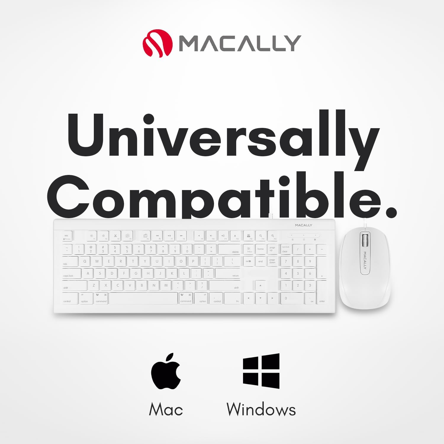 Macally 104 Key USB Wired Keyboard and Mouse Combo with Apple Shortcut Keys for Mac,iMac,MacBook,and Windows PC (MKEYECOMBO),White,(Pack of 10)