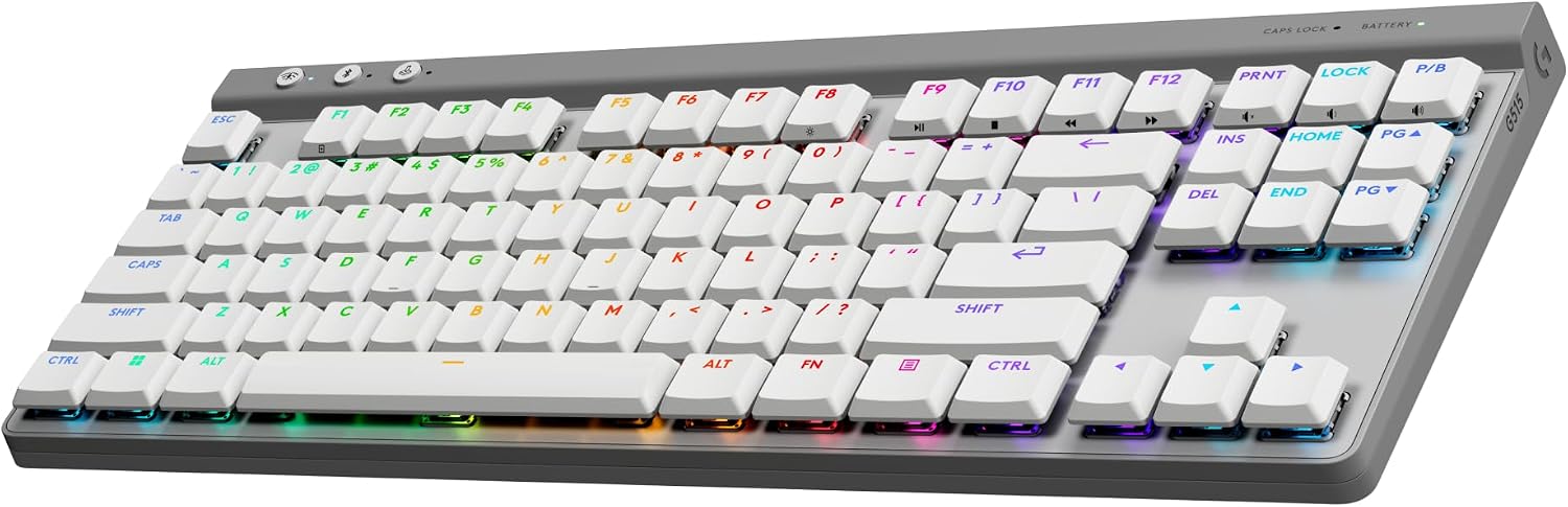 Logitech G515 Lightspeed TKL Low Profile Wireless Gaming Keyboard, LIGHTSYNC RGB, Thin Tenkeyless Design, PBT Keycaps, Tactile (Brown) Mechanical Switches - White
