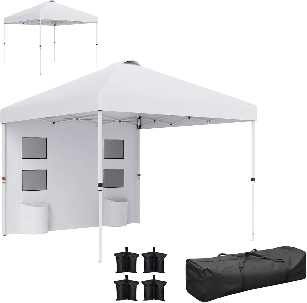 Outsunny 10' x 10' Pop Up Canopy Tent with Sidewall, UPF50+ Instant Sun Shelter with Storage Pockets, Vented Roof for Parties, Height Adjustable, Carry Bag, Sand Bags for Outdoor Patio, White