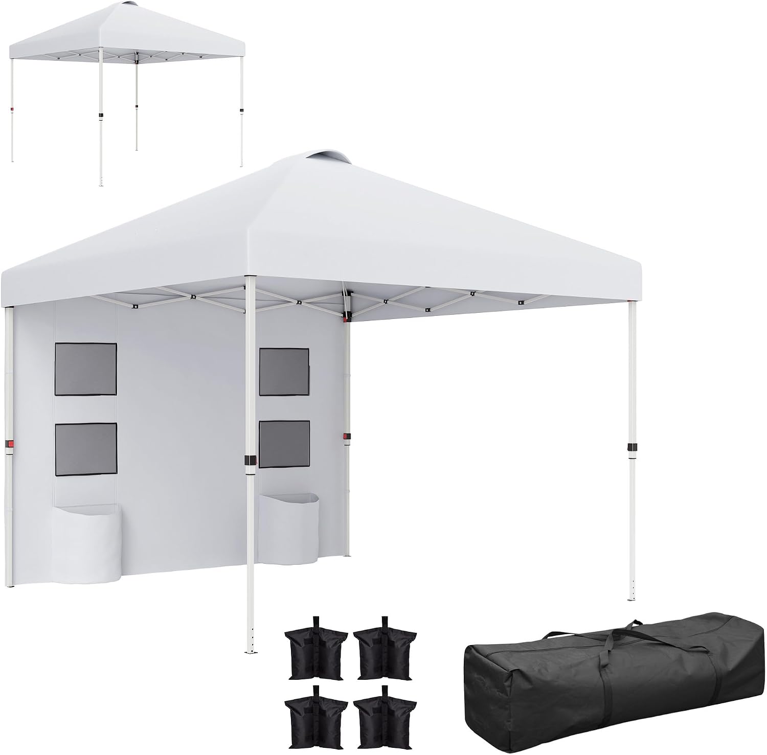 Outsunny 10' x 10' Pop Up Canopy Tent with Sidewall, UPF50+ Instant Sun Shelter with Storage Pockets, Vented Roof for Parties, Height Adjustable, Carry Bag, Sand Bags for Outdoor Patio, White