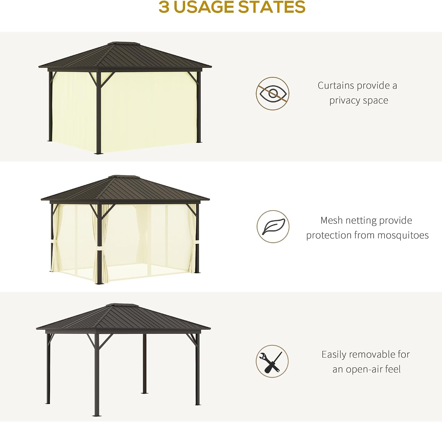 Outsunny 10' x 12' Hardtop Gazebo with Curtains and Netting, Permanent Pavilion Metal Single Roof Gazebo Canopy with Aluminum Frame and Hooks, for Garden, Patio, Backyard, Cream White