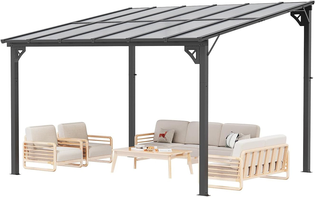 10' x 12' Outdoor Gazebo Pergola with Sloped Roof, Large Wall-Mounted Heavy Duty Awnings for Patio, Deck, and Backyard