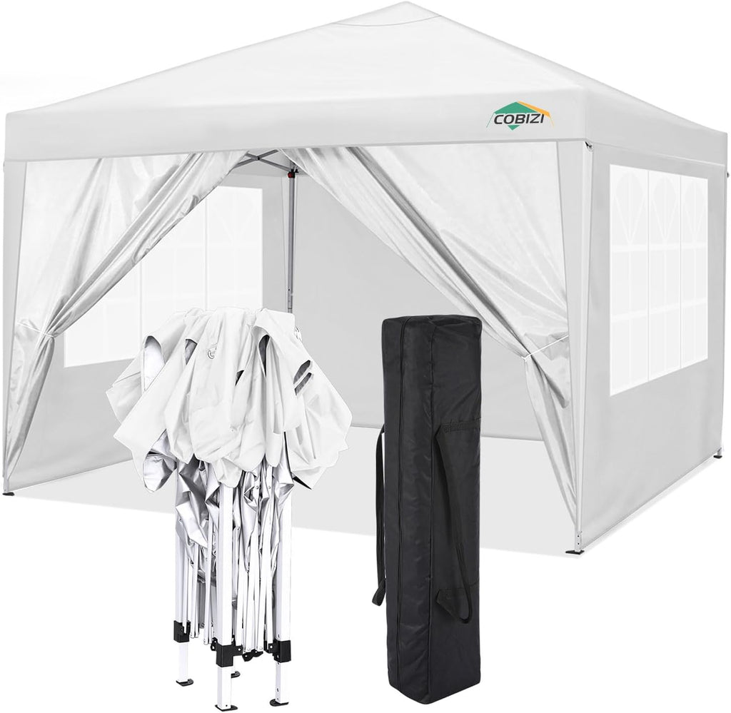 COBIZI 10x10 Pop Up Canopy Tent with 4 Sidewalls Party Tents for Parties Weddings Backyard Waterproof Commercial Instant Outdoor Events Tent with Stakes, Ropes（10 x 10 ft White