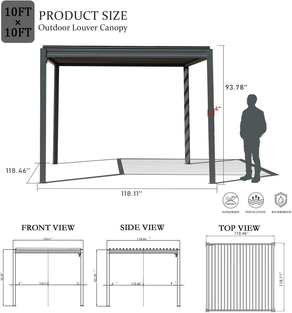 Domi Louvered Pergola 10×10 FT, Outdoor Aluminum Pergola with Adjustable Rainproof Roof and Drainage System, Metal Pergola Gazebo for Patio, Deck, Backyard, Grey