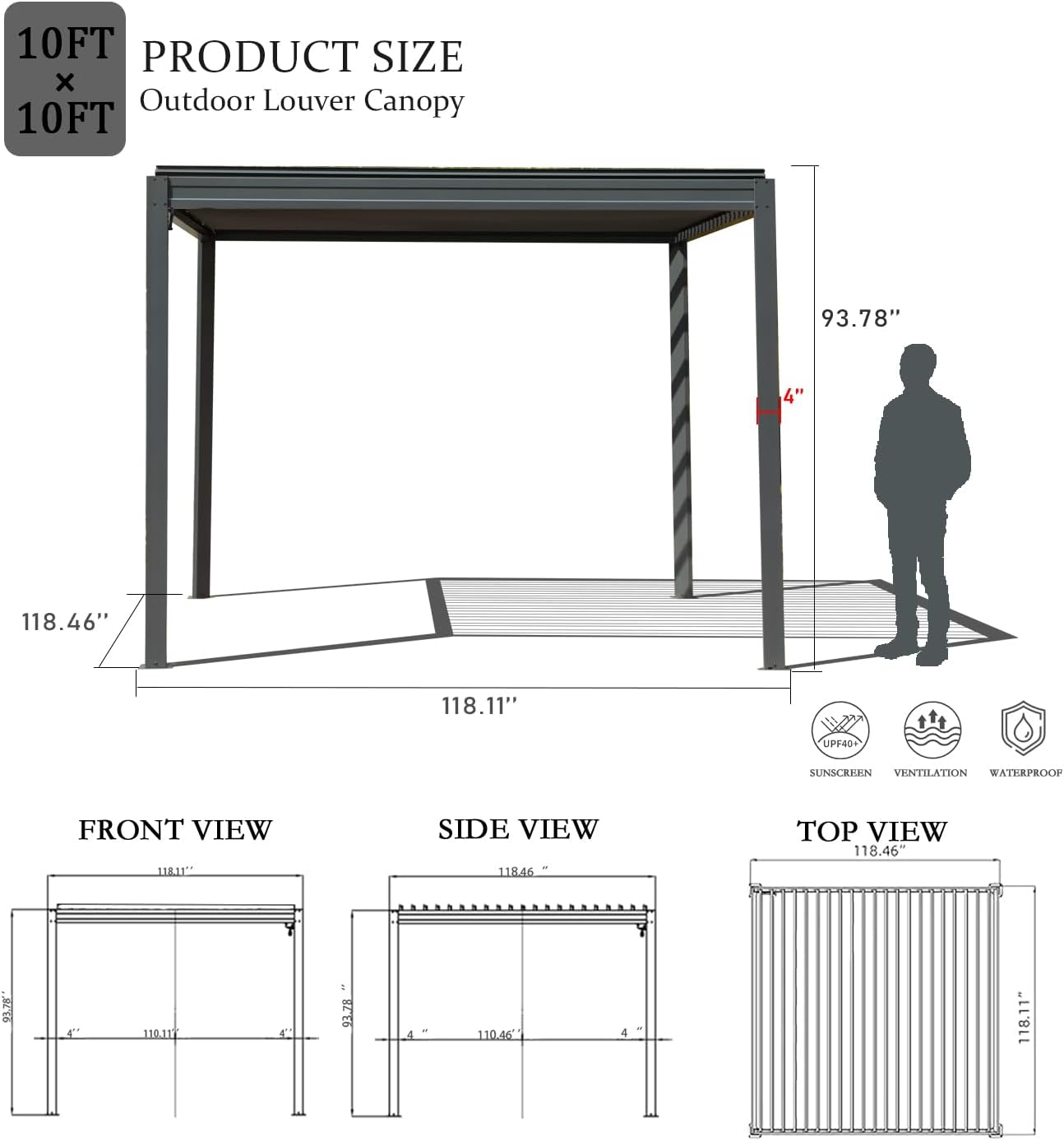 Domi Louvered Pergola 10×10 FT, Outdoor Aluminum Pergola with Adjustable Rainproof Roof and Drainage System, Metal Pergola Gazebo for Patio, Deck, Backyard, Grey