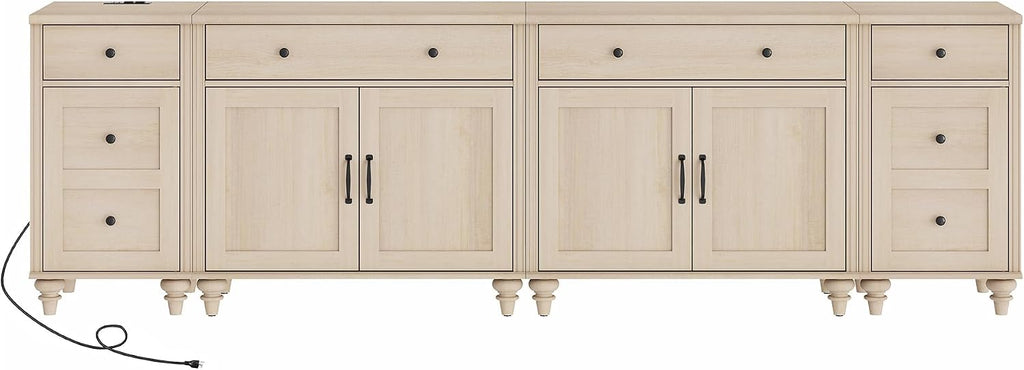 WAMPAT Farmhouse TV Stand for 100 Inch TV, 4-in-1 TV Console Table for 75/80/85/90 Inch TV, Entertainment Center with Charging Station, Kitchen Sideboard Buffet Cabinet for Dining Room, Light Oak