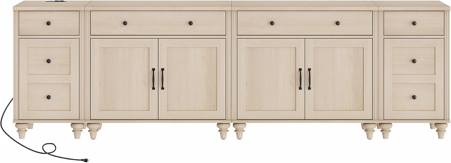 WAMPAT Farmhouse TV Stand for 100 Inch TV, 4-in-1 TV Console Table for 75/80/85/90 Inch TV, Entertainment Center with Charging Station, Kitchen Sideboard Buffet Cabinet for Dining Room, Light Oak