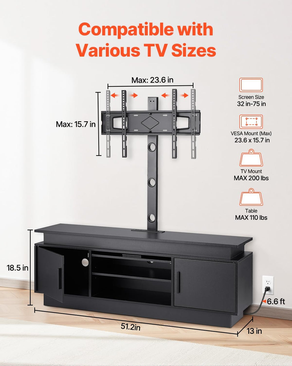 VEVOR 52' TV Stand with Mount for up to 75 in TVs, Entertainment Center with Power Outlet & LED Lights, Height Adjustable TV Console with Mount with 3 Tiers Storage Cabinets for Bedroom, Living Room