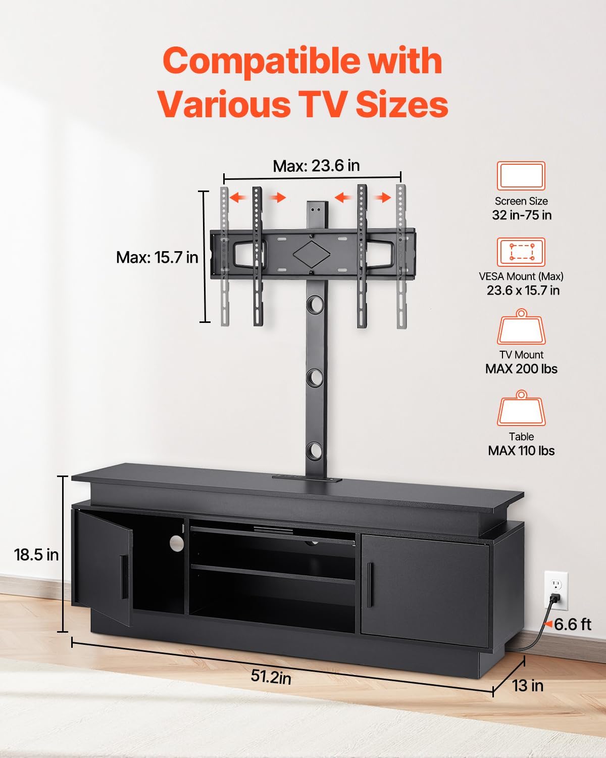 VEVOR 52' TV Stand with Mount for up to 75 in TVs, Entertainment Center with Power Outlet & LED Lights, Height Adjustable TV Console with Mount with 3 Tiers Storage Cabinets for Bedroom, Living Room