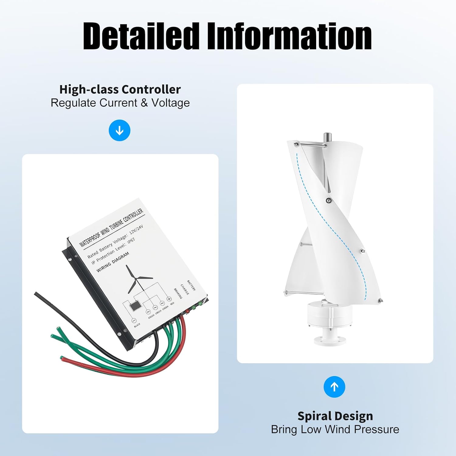 100W Vertical Axis Wind Turbine Generator, Permanent Magnet Generator with Intelligent Controller, Low Noise Helical Design Windmill for Home, Boats, Street Lighting