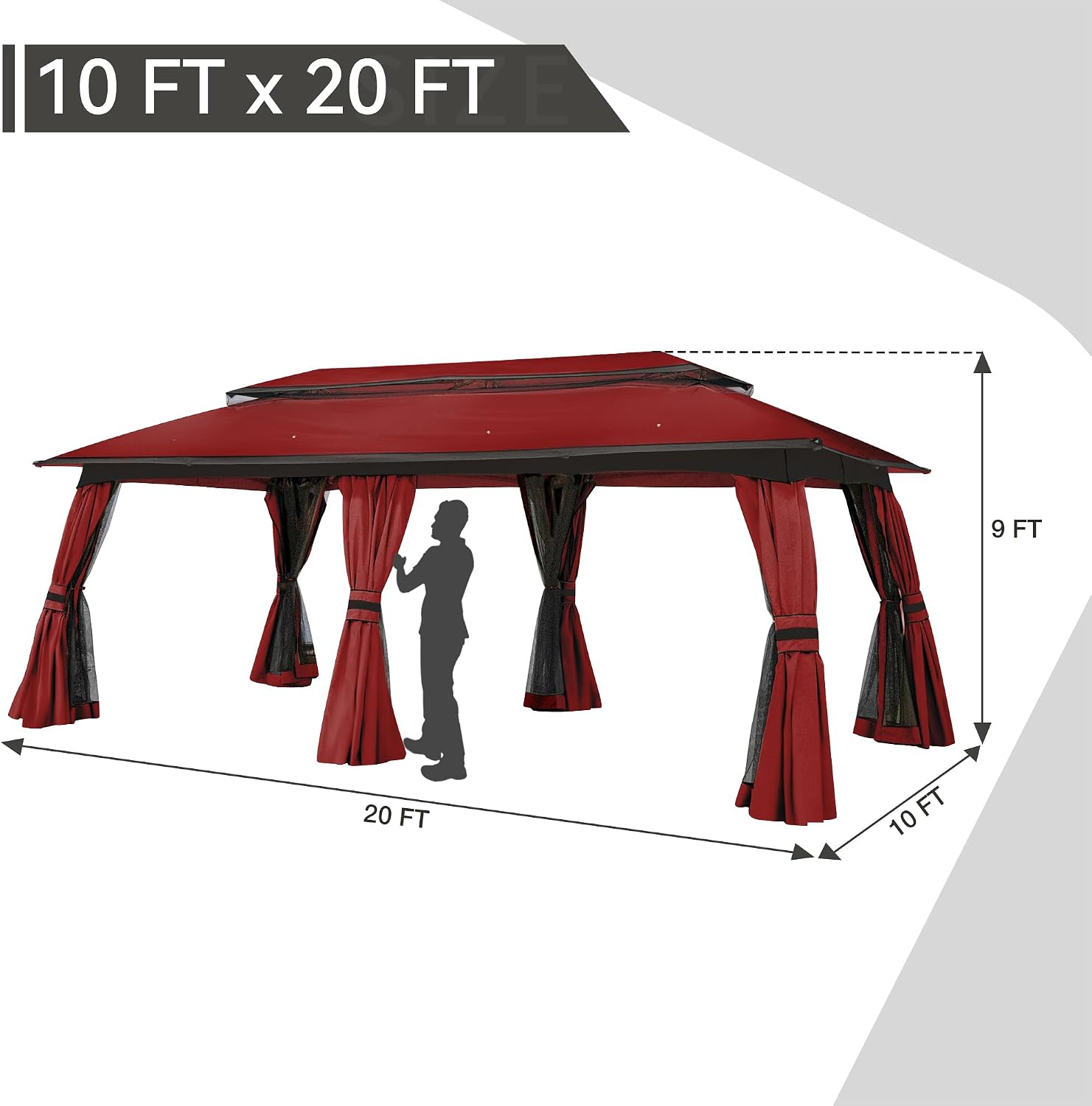 Outdoor Patio Gazebo 10'x20', CPAI-84 Heavy Duty Party Tent & Shelter with Double Roofs, Mosquito Netting and Privacy Curtains for Backyard, Garden, Lawn, Red