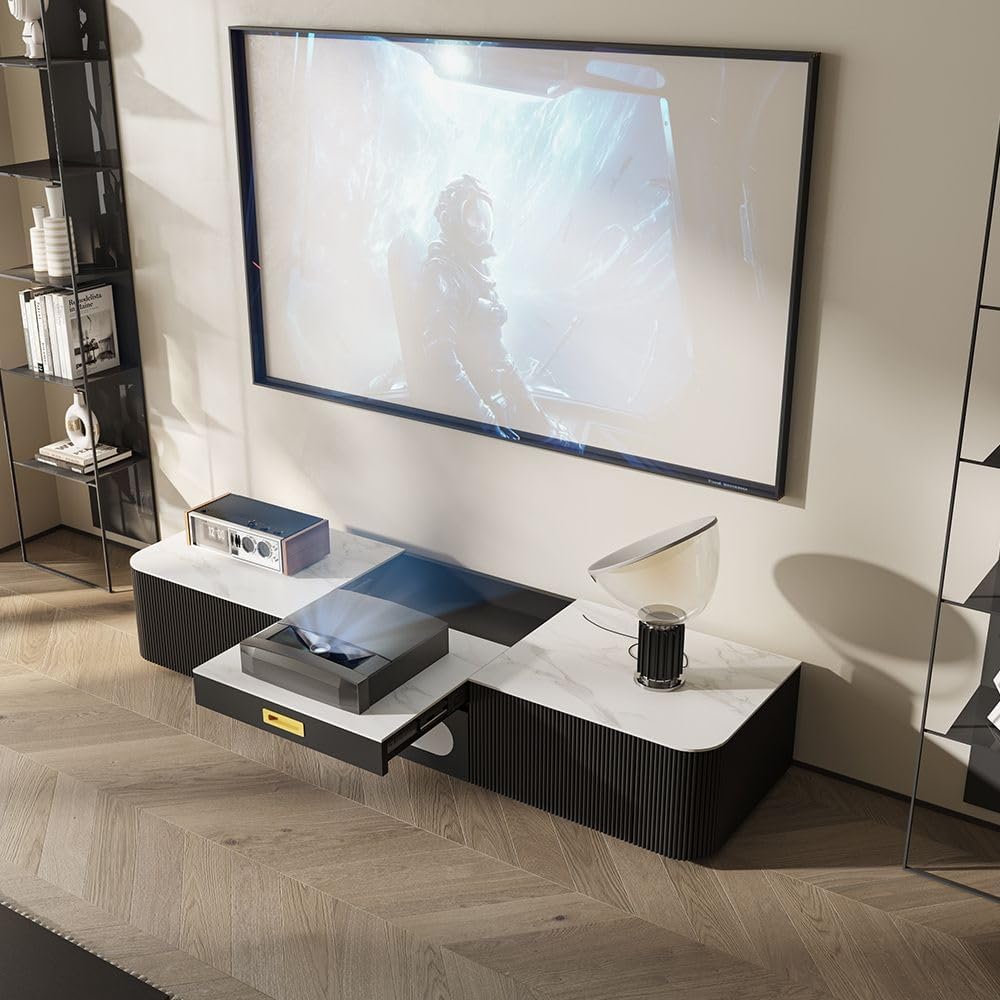 POVISON Modern TV Stand for Projector, Sintered Stone Entertainment Center with Storage for Living Room Bedroom, 55 inch TV Stand, Solid Wood TV Stand