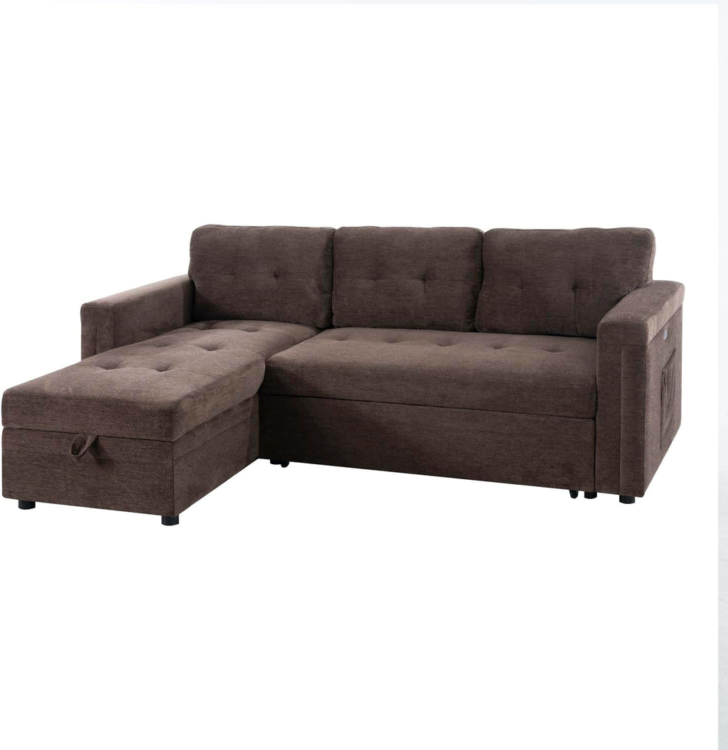 Naomi Home L-Shaped Sectional Sleeper Sofa with USB Ports - Convertible Pull-Out Bed, Ample Storage, Timeless Design, Durable Construction Espresso/Microfiber