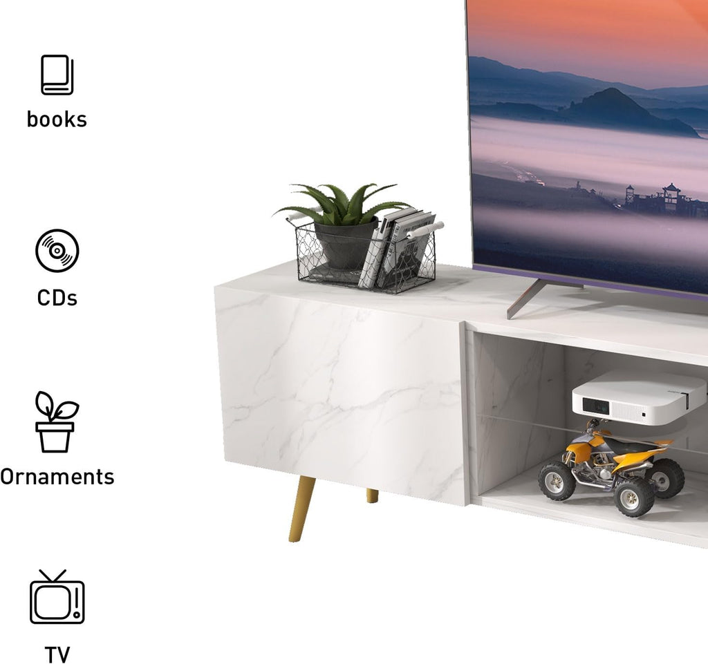 Bonzy Home 86' LED TV Stand, Modern Entertainment Center up to 75' TV, Television Console Table with Storage Cabinets for Living Room, White Marble