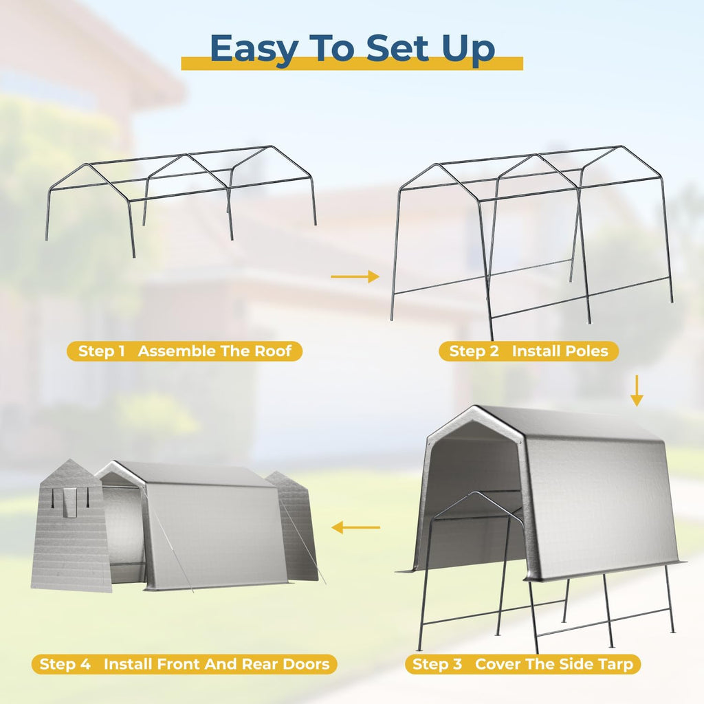 LINKHOO 7 x 12 FT Carport, Portable Shed w/220G Heavy Duty Waterproof PE Tarp, Roll-up Zipper Door & Vent, Weather-Resistant Storage Shed for Motorcycle, Bike and Tools, Gray