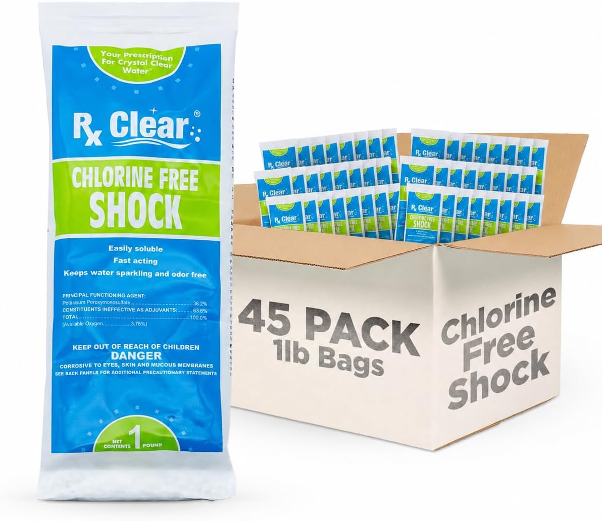 Rx Clear Chlorine-Free Pool Shock | Non-Chlorine Oxidizing Treatment (MPS) | 36.2% Potassium Monopersulfate | Fast-Dissolving Granules | Low-Odor | for Pools & Spas | 1 lb Bags | 45 Pack