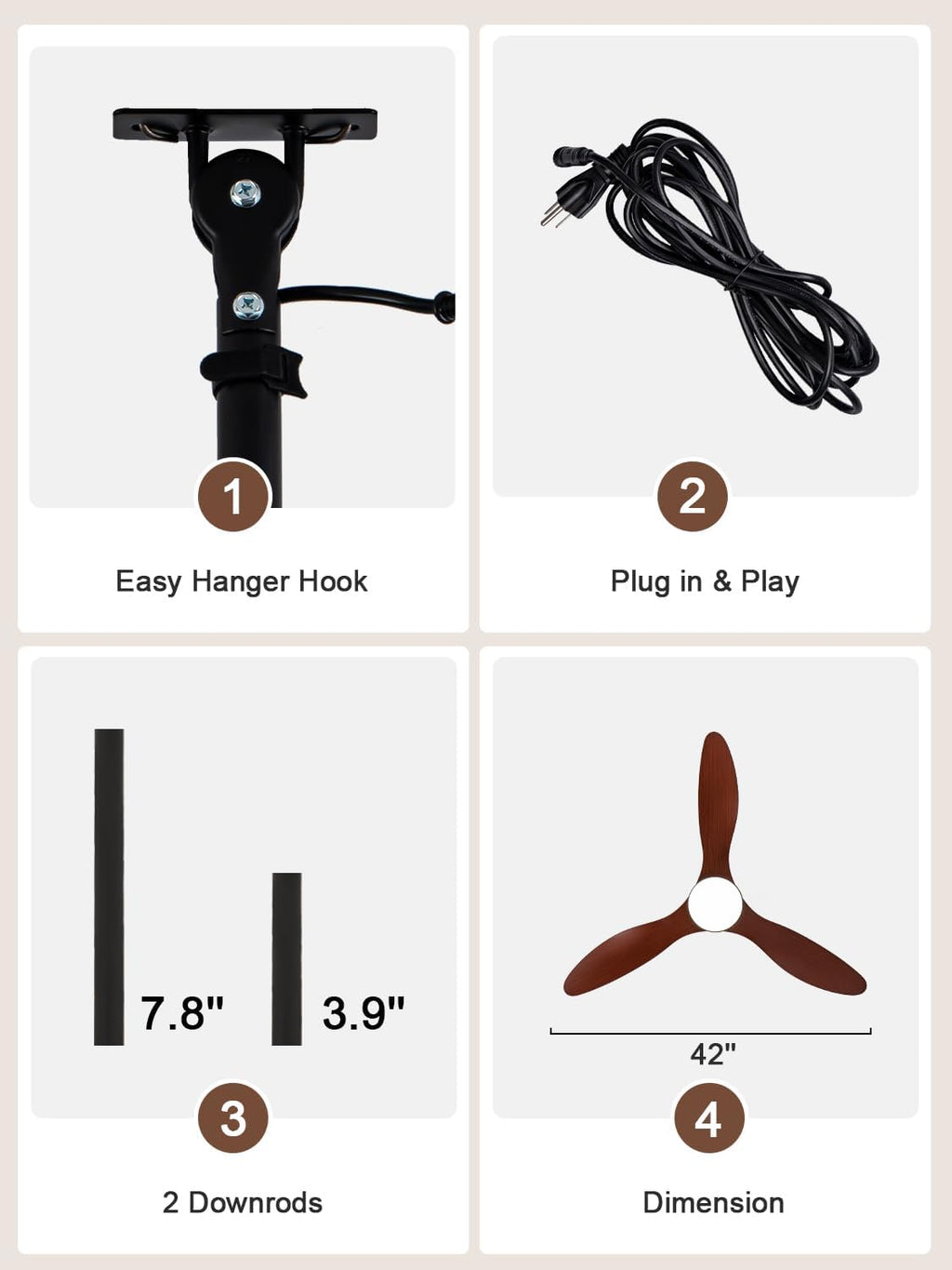 Bella Depot 42' Outdoor Ceiling Fan Waterproof Gazebo Fan with Light Smart App Remote Control Hanging Fan for Outside Patios Pergola Tent Plug-in Design Adjustable Brightness (42'- Coffee)