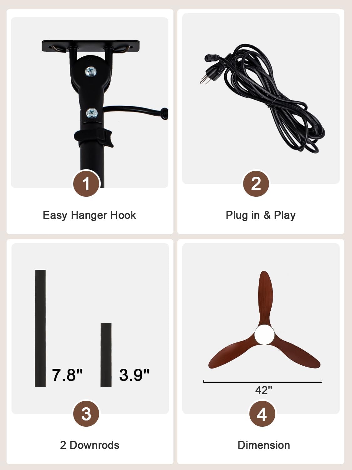 Bella Depot 42' Outdoor Ceiling Fan Waterproof Gazebo Fan with Light Smart App Remote Control Hanging Fan for Outside Patios Pergola Tent Plug-in Design Adjustable Brightness (42'- Coffee)